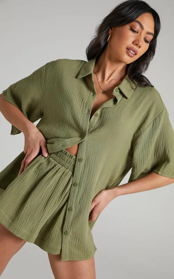 Showpo Atom Muslin Shirt 8211 Oversized Button Up Shirt In Khaki Women Tops
