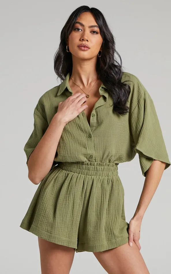 Showpo Atom Muslin Shirt 8211 Oversized Button Up Shirt In Khaki Women Tops