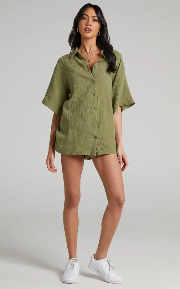 Showpo Atom Muslin Shirt 8211 Oversized Button Up Shirt In Khaki Women Tops