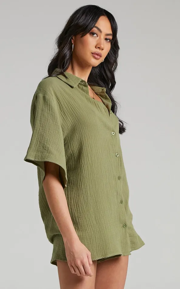 Showpo Atom Muslin Shirt 8211 Oversized Button Up Shirt In Khaki Women Tops