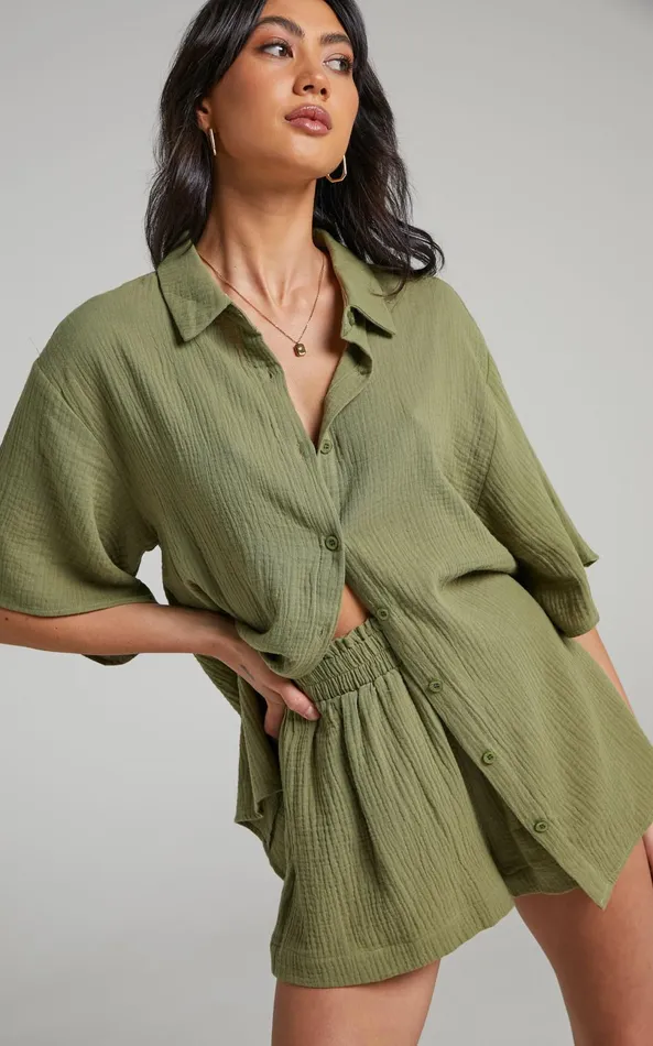 Showpo Atom Muslin Shirt 8211 Oversized Button Up Shirt In Khaki Women Tops