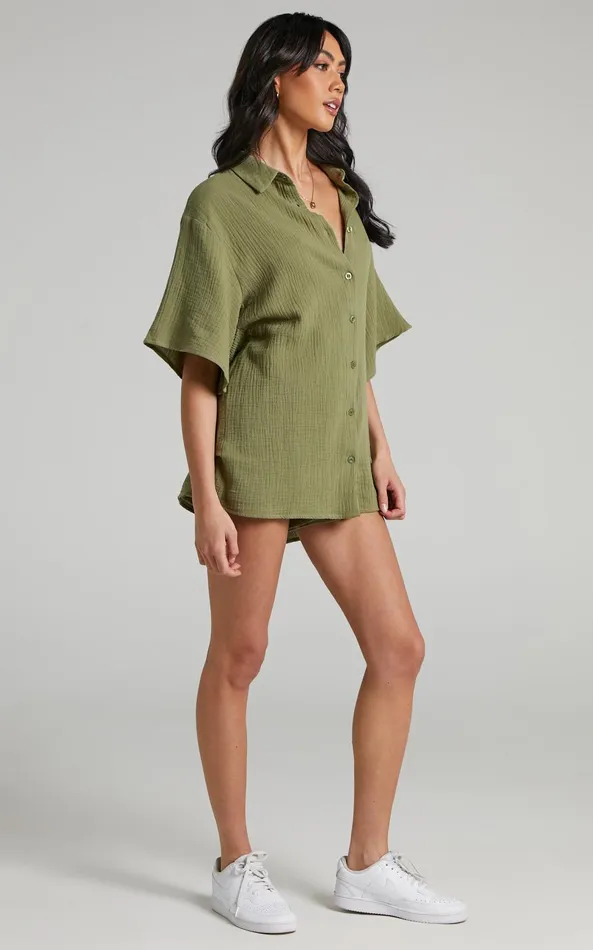 Showpo Atom Muslin Shirt 8211 Oversized Button Up Shirt In Khaki Women Tops