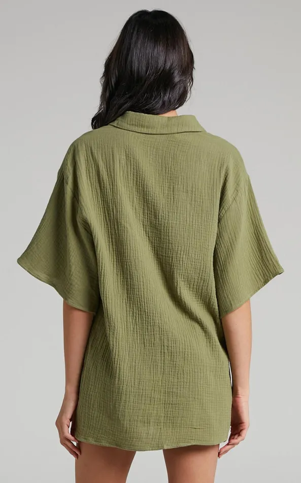 Showpo Atom Muslin Shirt 8211 Oversized Button Up Shirt In Khaki Women Tops