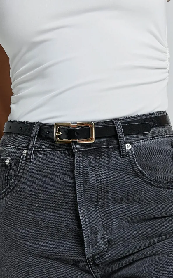 Showpo Aubrey Rectangle Buckle Belt In Black And Gold Women Belts