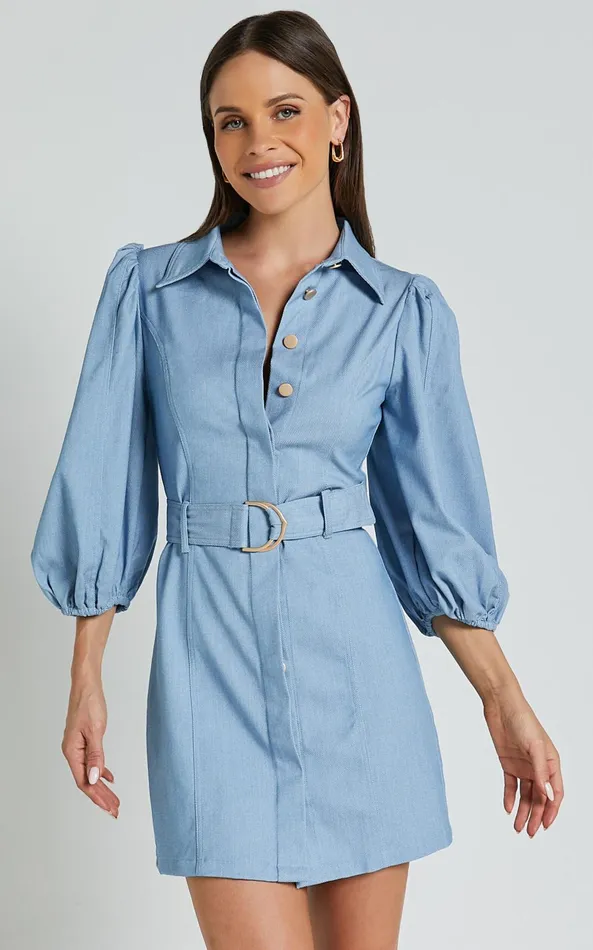 Showpo Aubrie Mini Dress 8211 Blouson Sleeve Button Through Belted Dress In Light Blue Women Dresses Showpo Aubrie Mini Dress 8211 Blouson Sleeve Button Through Belted Dress In Light Blue Women Dresses