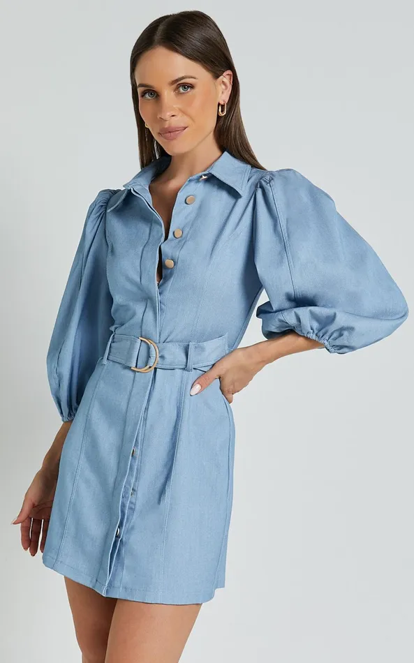 Showpo Aubrie Mini Dress 8211 Blouson Sleeve Button Through Belted Dress In Light Blue Women Dresses