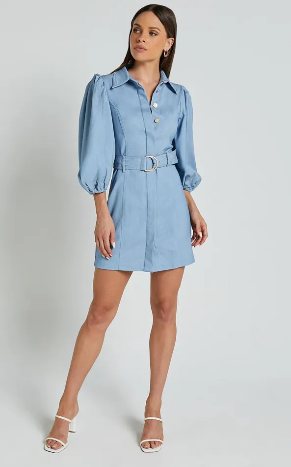 Showpo Aubrie Mini Dress 8211 Blouson Sleeve Button Through Belted Dress In Light Blue Women Dresses