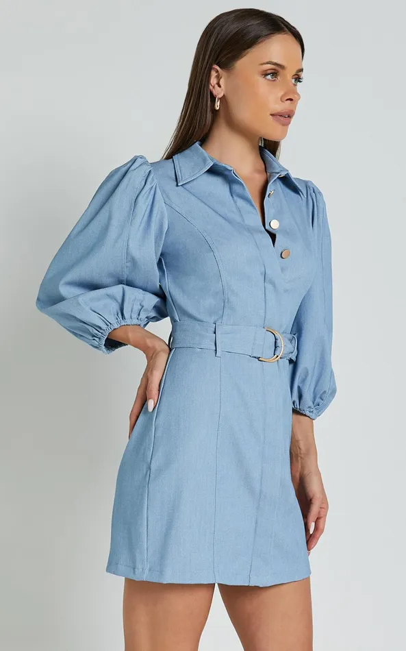 Showpo Aubrie Mini Dress 8211 Blouson Sleeve Button Through Belted Dress In Light Blue Women Dresses