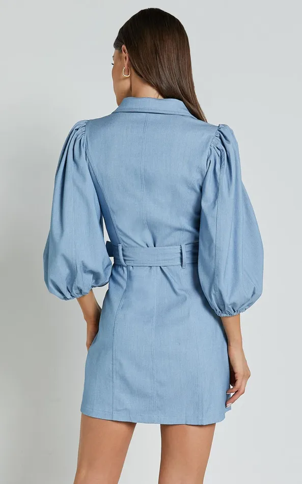 Showpo Aubrie Mini Dress 8211 Blouson Sleeve Button Through Belted Dress In Light Blue Women Dresses