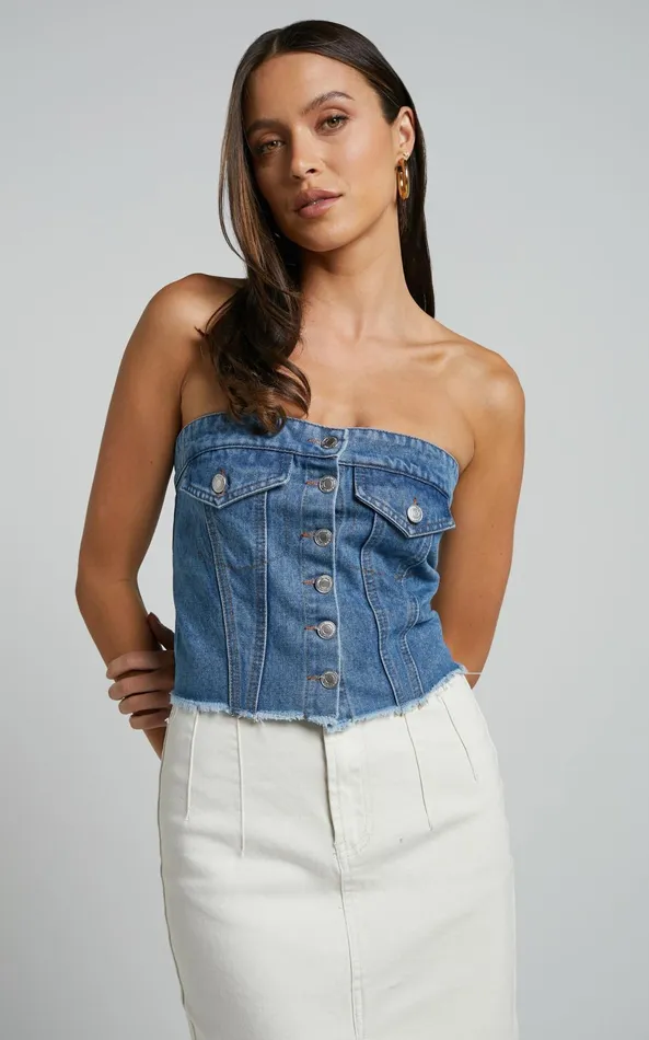 Showpo Aubrielle Bustier 8211 Denim Bustier With Pocket Details In Mid Blue Wash Women Denim Showpo Aubrielle Bustier 8211 Denim Bustier With Pocket Details In Mid Blue Wash Women Denim