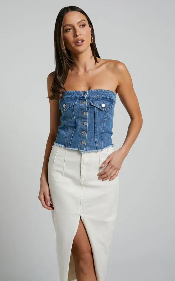 Showpo Aubrielle Bustier 8211 Denim Bustier With Pocket Details In Mid Blue Wash Women Denim