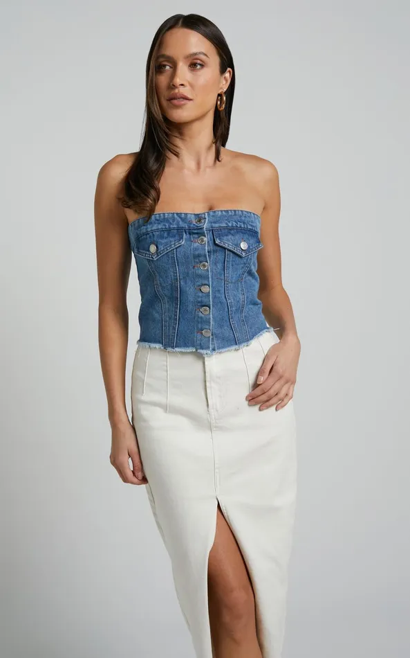 Showpo Aubrielle Bustier 8211 Denim Bustier With Pocket Details In Mid Blue Wash Women Denim