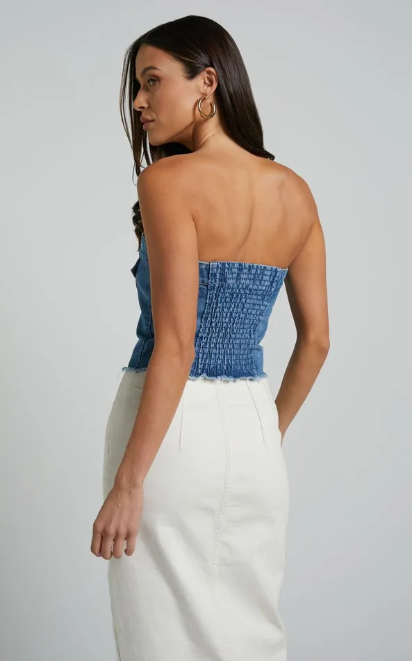 Showpo Aubrielle Bustier 8211 Denim Bustier With Pocket Details In Mid Blue Wash Women Denim