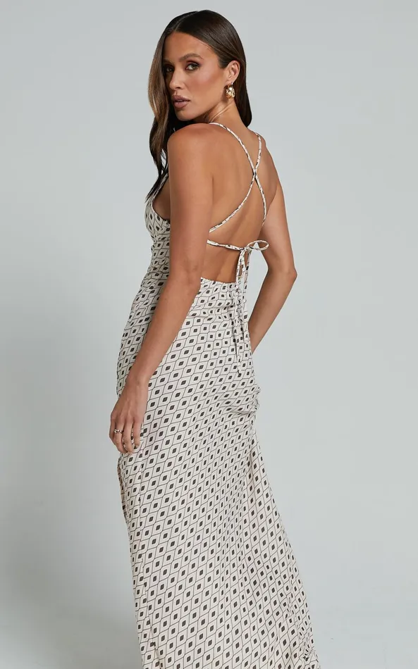 Showpo Audrey Midi Dress 8211 V Neck Cross Back Slip Dress In Cream Brown Geo Women Dresses