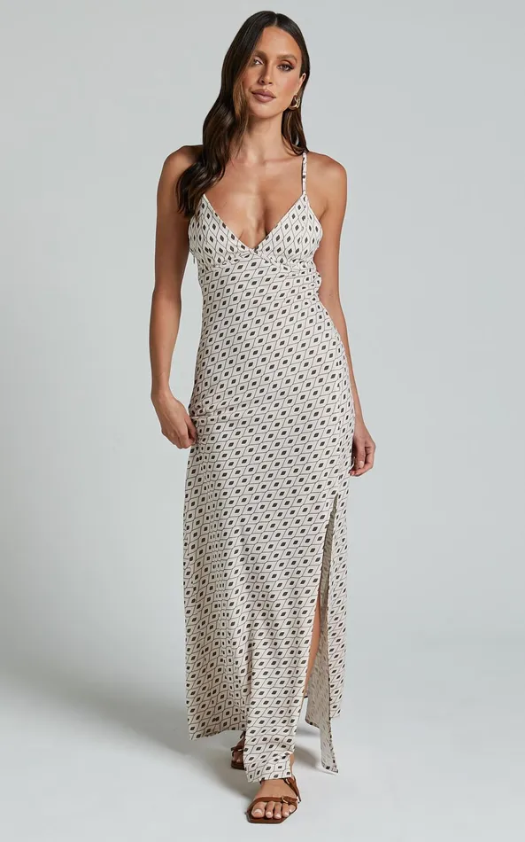 Showpo Audrey Midi Dress 8211 V Neck Cross Back Slip Dress In Cream Brown Geo Women Dresses