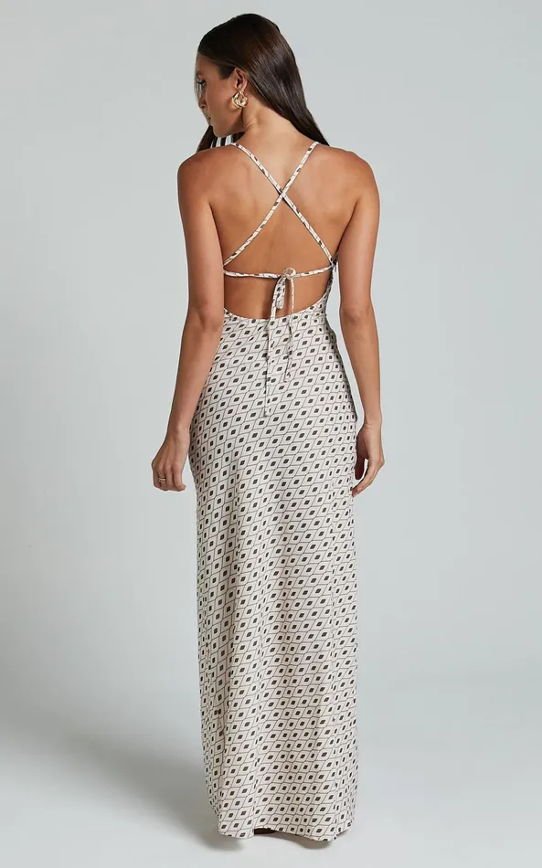 Showpo Audrey Midi Dress 8211 V Neck Cross Back Slip Dress In Cream Brown Geo Women Dresses