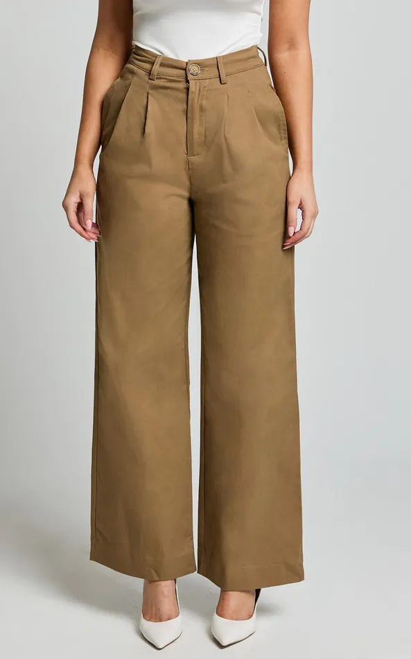 Showpo Audrey Pants 8211 High Waist Tailored Twill Pants In Mushroom Women Pants