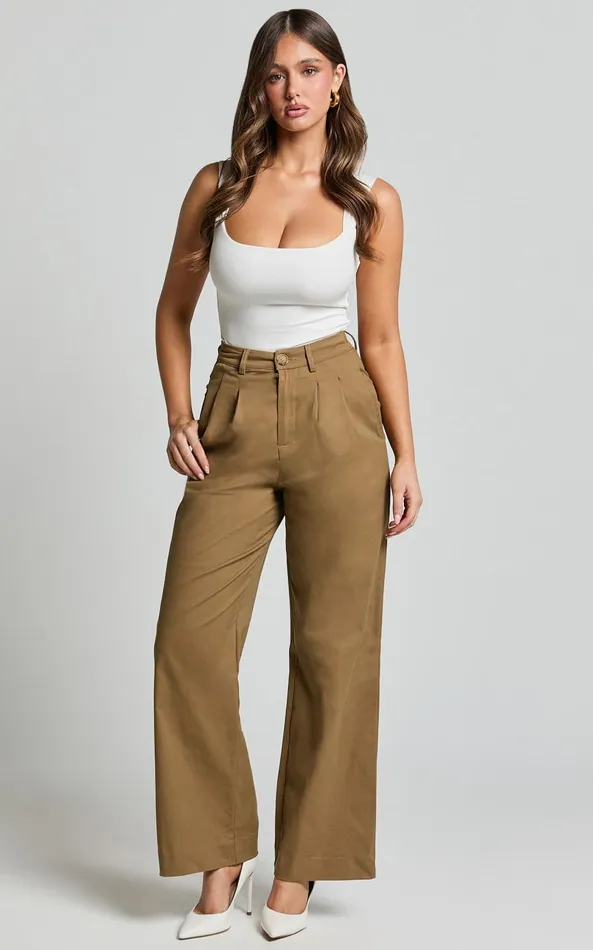 Showpo Audrey Pants 8211 High Waist Tailored Twill Pants In Mushroom Women Pants