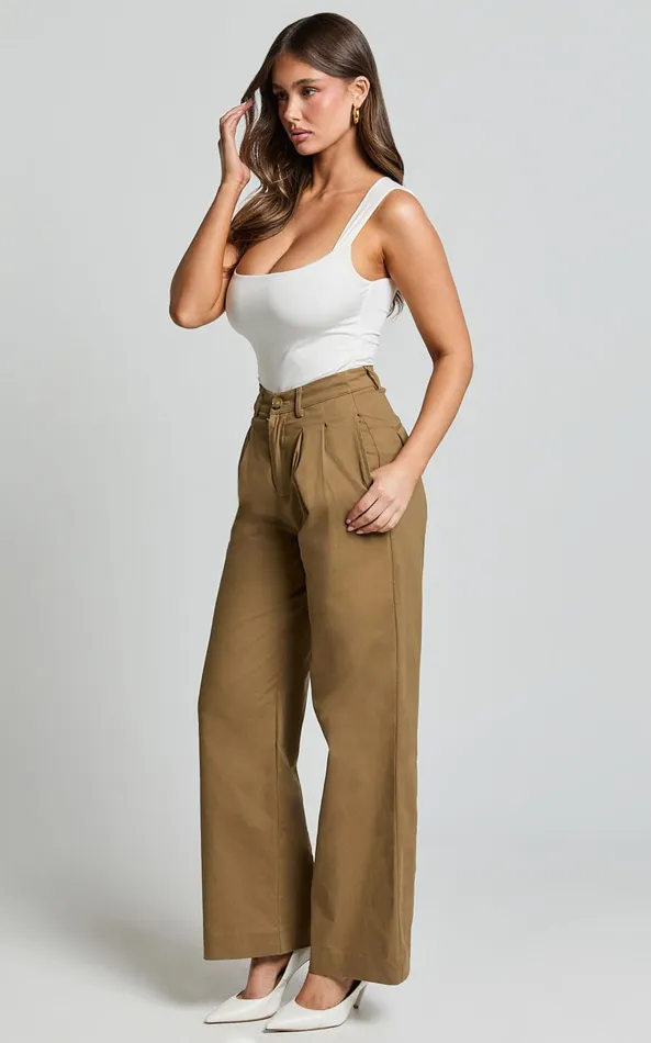 Showpo Audrey Pants 8211 High Waist Tailored Twill Pants In Mushroom Women Pants