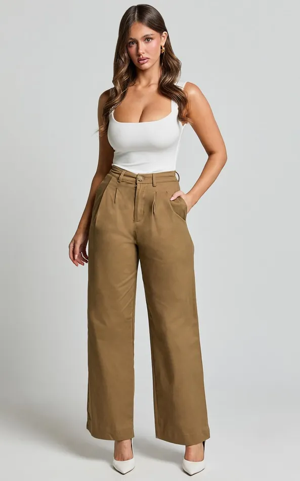 Showpo Audrey Pants 8211 High Waist Tailored Twill Pants In Mushroom Women Pants
