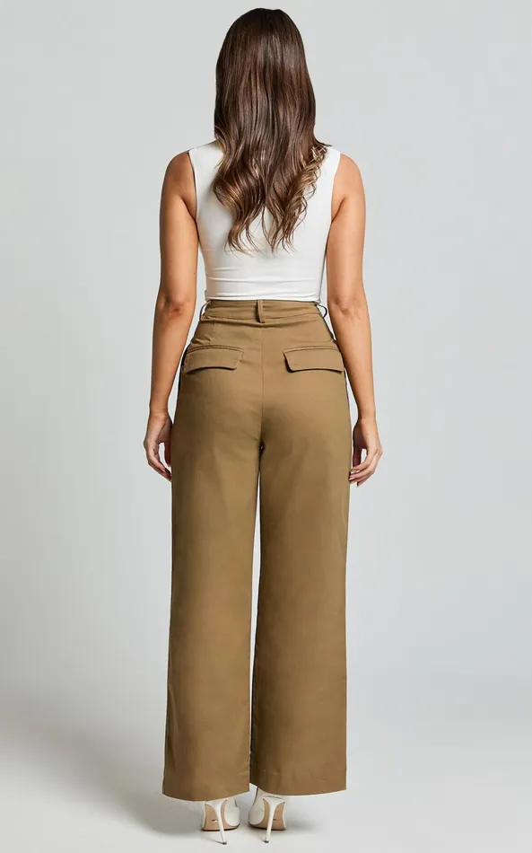 Showpo Audrey Pants 8211 High Waist Tailored Twill Pants In Mushroom Women Pants