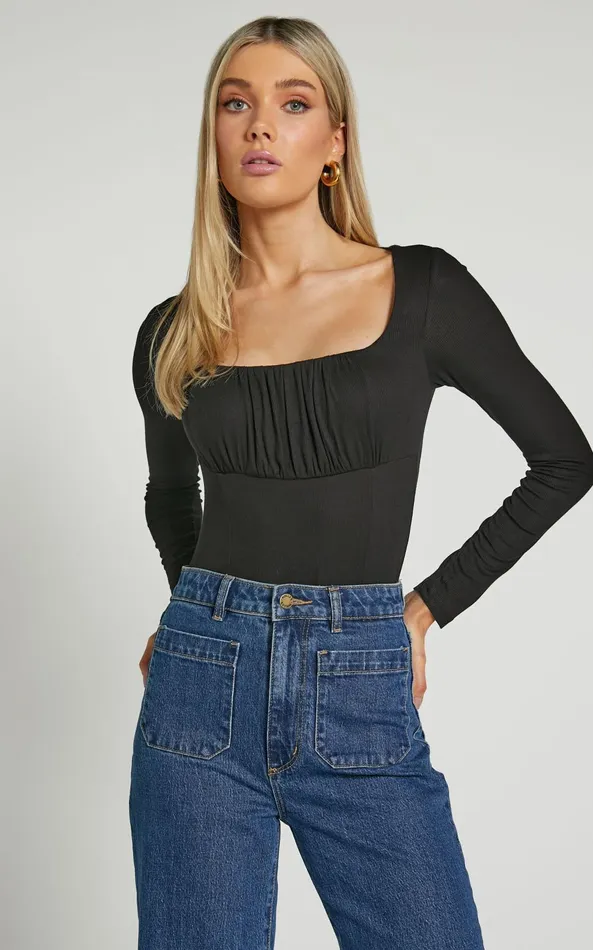 Showpo Audrey Top 8211 Long Sleeve Square Neck Ruched Bodice In Black Women Tops Showpo Audrey Top 8211 Long Sleeve Square Neck Ruched Bodice In Black Women Tops