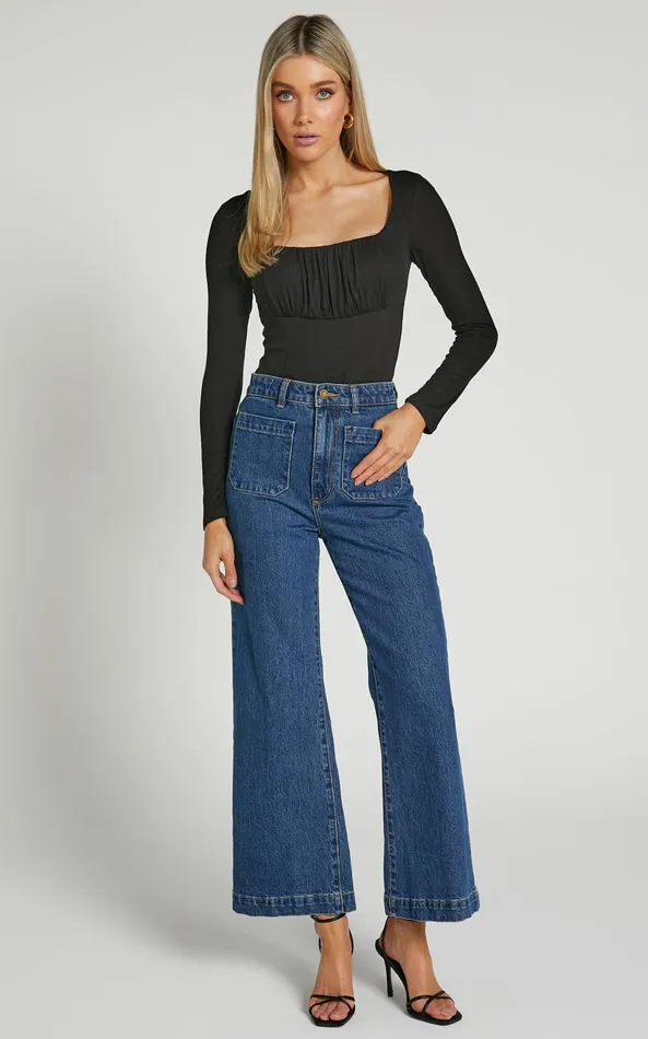 Showpo Audrey Top 8211 Long Sleeve Square Neck Ruched Bodice In Black Women Tops