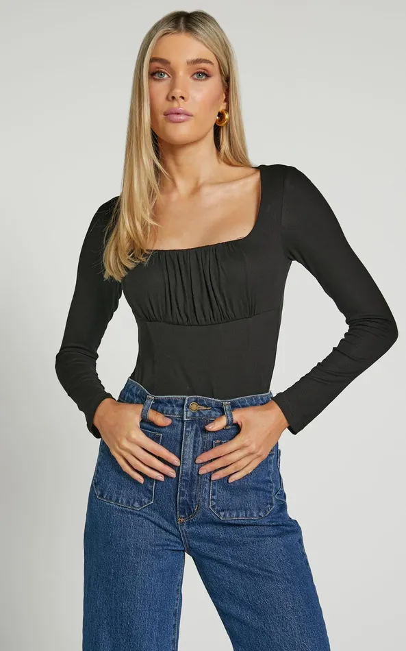 Showpo Audrey Top 8211 Long Sleeve Square Neck Ruched Bodice In Black Women Tops