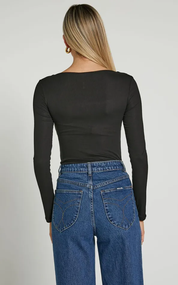 Showpo Audrey Top 8211 Long Sleeve Square Neck Ruched Bodice In Black Women Tops