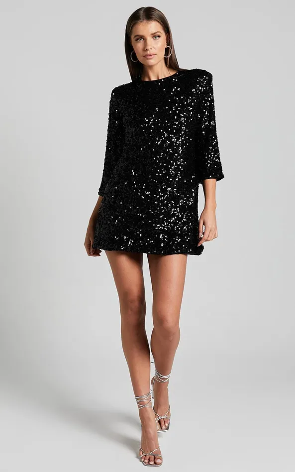 Showpo Audrienna Mini Dress 8211 Sequin Long Sleeve Scoop Neck In Black Women Dresses Showpo Audrienna Mini Dress 8211 Sequin Long Sleeve Scoop Neck In Black Women Dresses