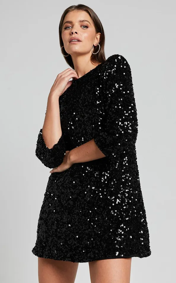 Showpo Audrienna Mini Dress 8211 Sequin Long Sleeve Scoop Neck In Black Women Dresses
