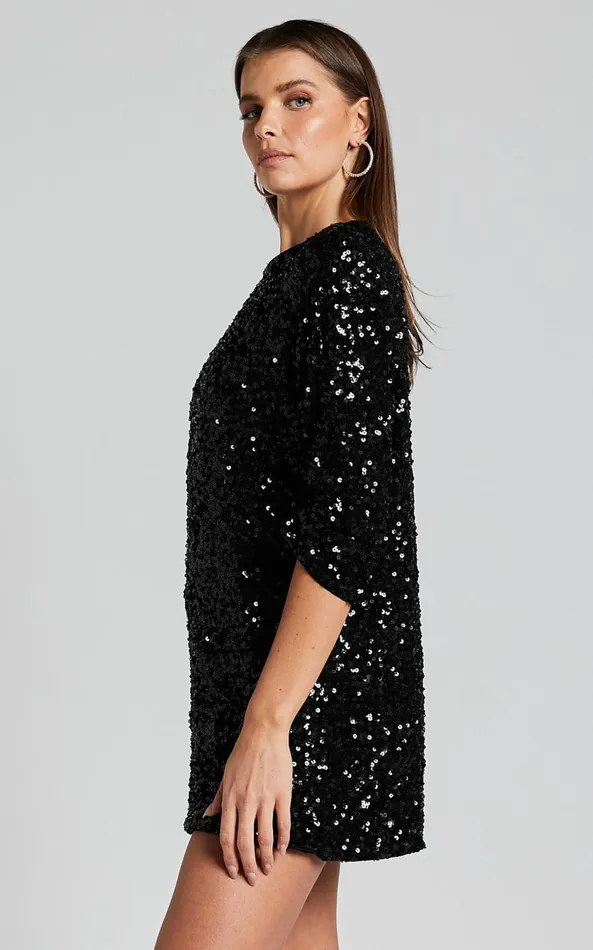 Showpo Audrienna Mini Dress 8211 Sequin Long Sleeve Scoop Neck In Black Women Dresses