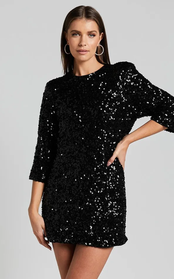 Showpo Audrienna Mini Dress 8211 Sequin Long Sleeve Scoop Neck In Black Women Dresses