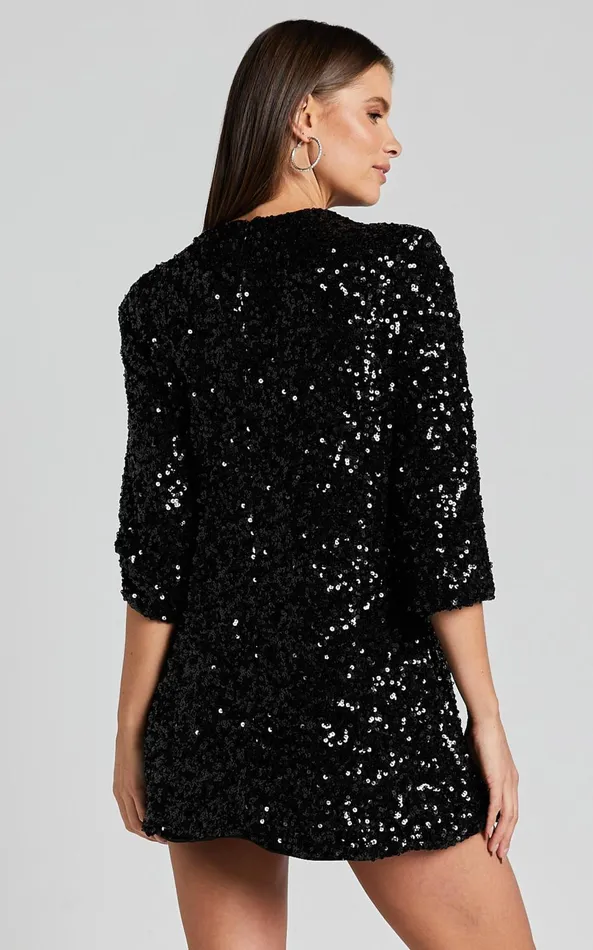 Showpo Audrienna Mini Dress 8211 Sequin Long Sleeve Scoop Neck In Black Women Dresses