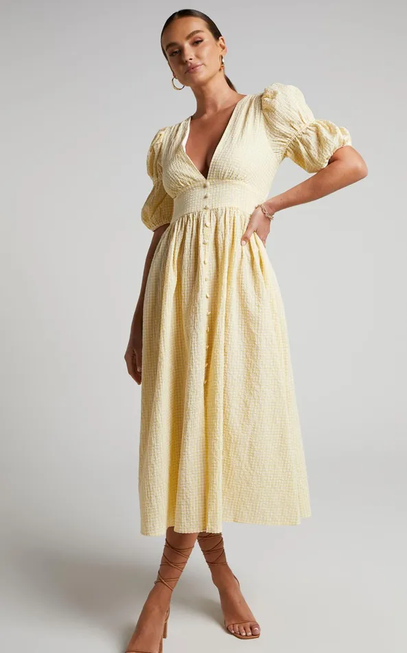 Showpo Augusta Midi Dress 8211 Button Detail V Neck Double Puff Sleeve Dress In Butter Yellow Women Dresses Showpo Augusta Midi Dress 8211 Button Detail V Neck Double Puff Sleeve Dress In Butter Yellow Women Dresses