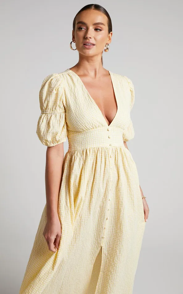 Showpo Augusta Midi Dress 8211 Button Detail V Neck Double Puff Sleeve Dress In Butter Yellow Women Dresses