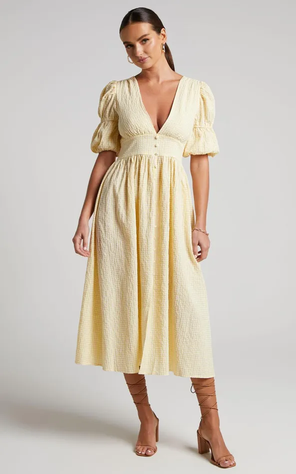 Showpo Augusta Midi Dress 8211 Button Detail V Neck Double Puff Sleeve Dress In Butter Yellow Women Dresses