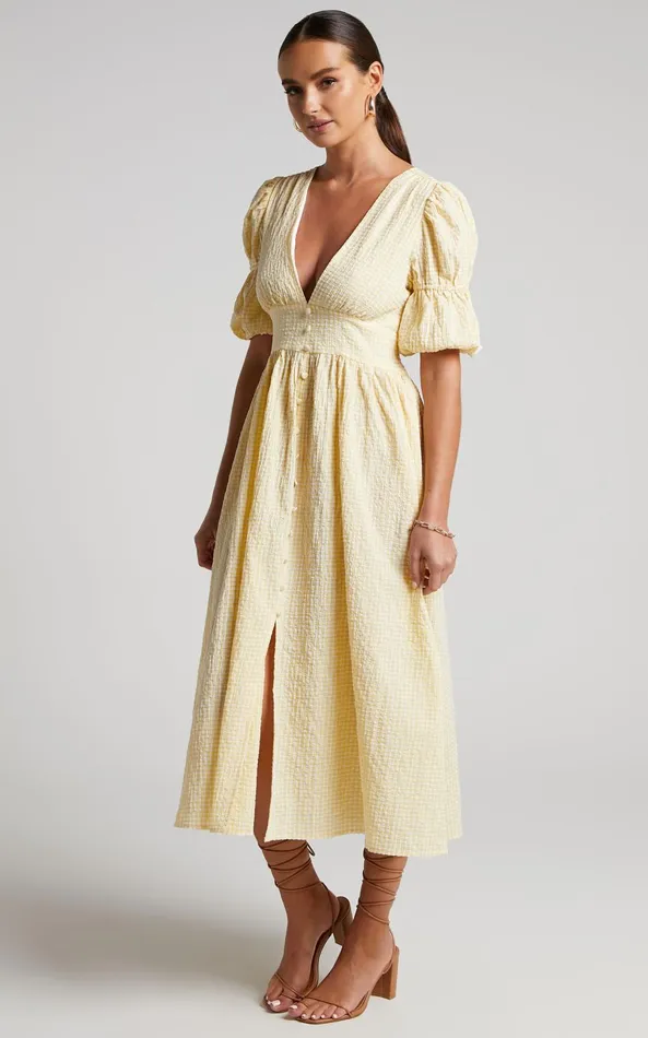 Showpo Augusta Midi Dress 8211 Button Detail V Neck Double Puff Sleeve Dress In Butter Yellow Women Dresses