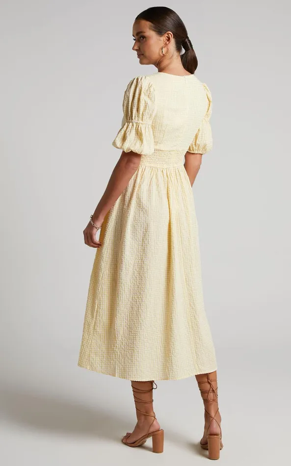 Showpo Augusta Midi Dress 8211 Button Detail V Neck Double Puff Sleeve Dress In Butter Yellow Women Dresses
