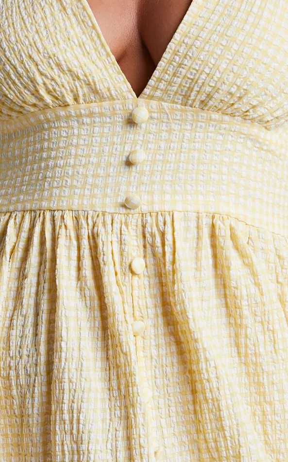 Showpo Augusta Midi Dress 8211 Button Detail V Neck Double Puff Sleeve Dress In Butter Yellow Women Dresses