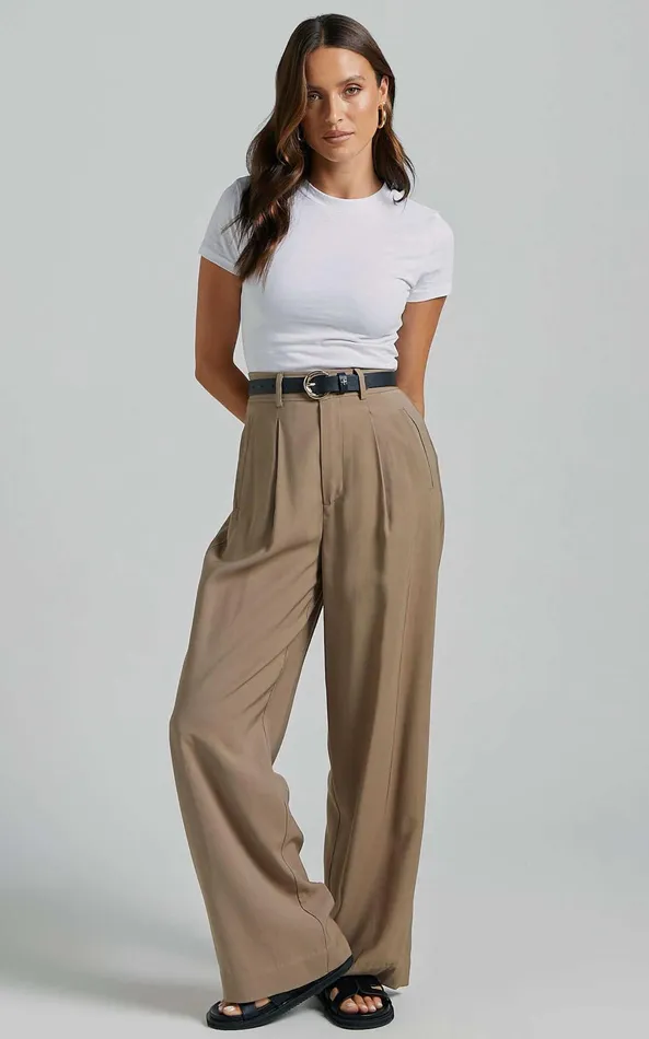 Showpo Augustus Pants 8211 High Waisted Wide Leg Tailored Pants In Latte Women Curve Clothes