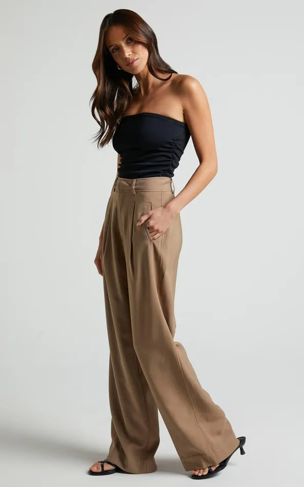 Showpo Augustus Pants 8211 High Waisted Wide Leg Tailored Pants In Latte Women Curve Clothes