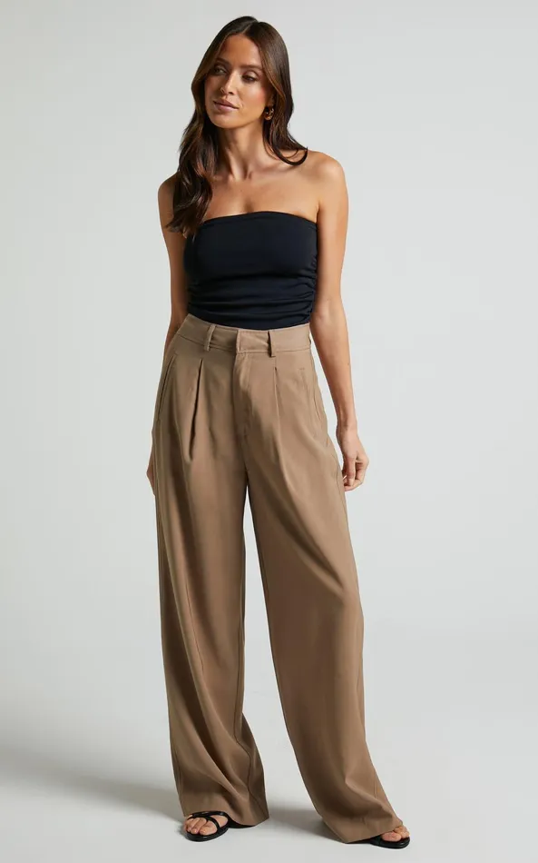 Showpo Augustus Pants 8211 High Waisted Wide Leg Tailored Pants In Latte Women Curve Clothes