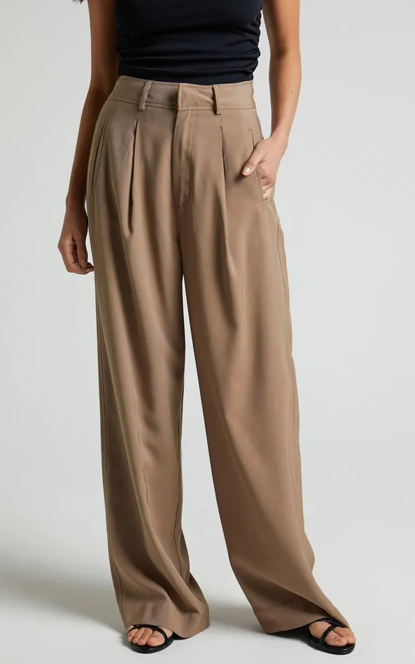 Showpo Augustus Pants 8211 High Waisted Wide Leg Tailored Pants In Latte Women Curve Clothes