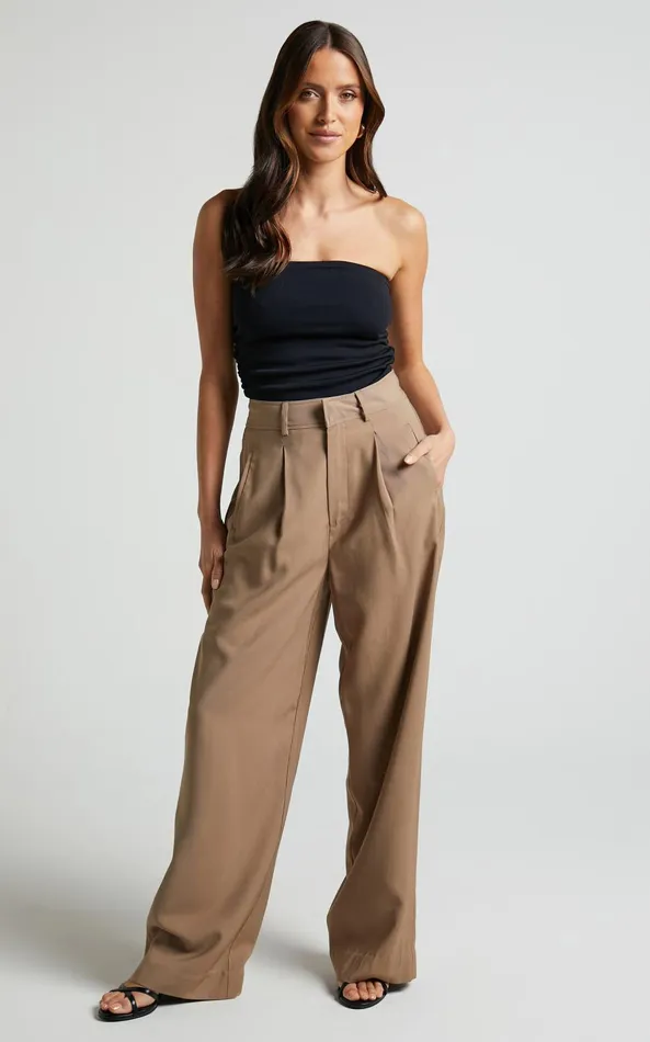 Showpo Augustus Pants 8211 High Waisted Wide Leg Tailored Pants In Latte Women Curve Clothes