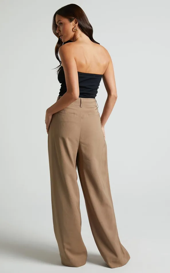 Showpo Augustus Pants 8211 High Waisted Wide Leg Tailored Pants In Latte Women Curve Clothes