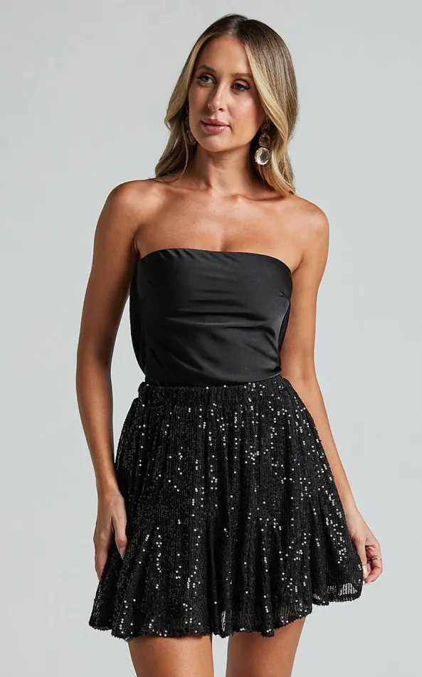 Showpo Aurelie Mini Skirt 8211 Elasticated Sequin Skater Skirt In Black Women Skirts Showpo Aurelie Mini Skirt 8211 Elasticated Sequin Skater Skirt In Black Women Skirts