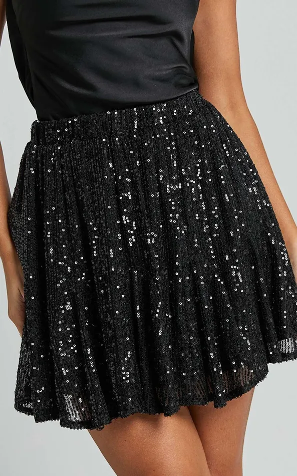 Showpo Aurelie Mini Skirt 8211 Elasticated Sequin Skater Skirt In Black Women Skirts