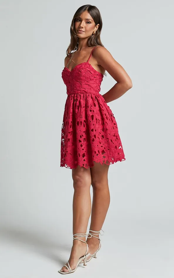 Showpo Auriana Mini Dress 8211 Sweetheart Fit and Flare Lace Dress In Red Women Dresses