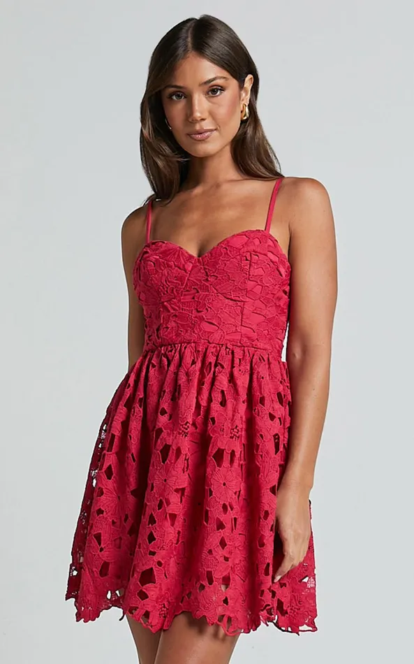 Showpo Auriana Mini Dress 8211 Sweetheart Fit and Flare Lace Dress In Red Women Dresses
